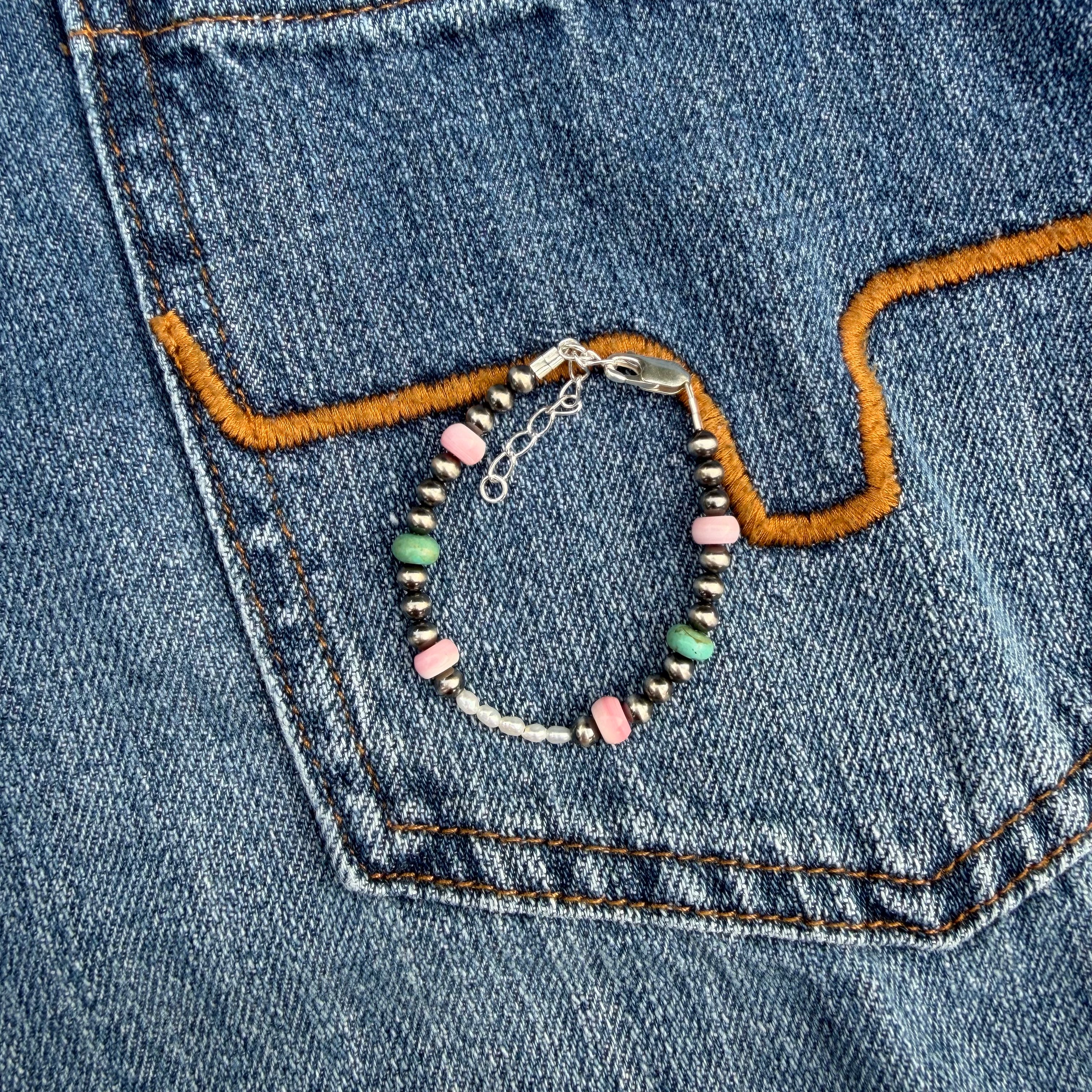Pink Conch, Kingman Turquoise & Freshwater Pearl Bracelet
